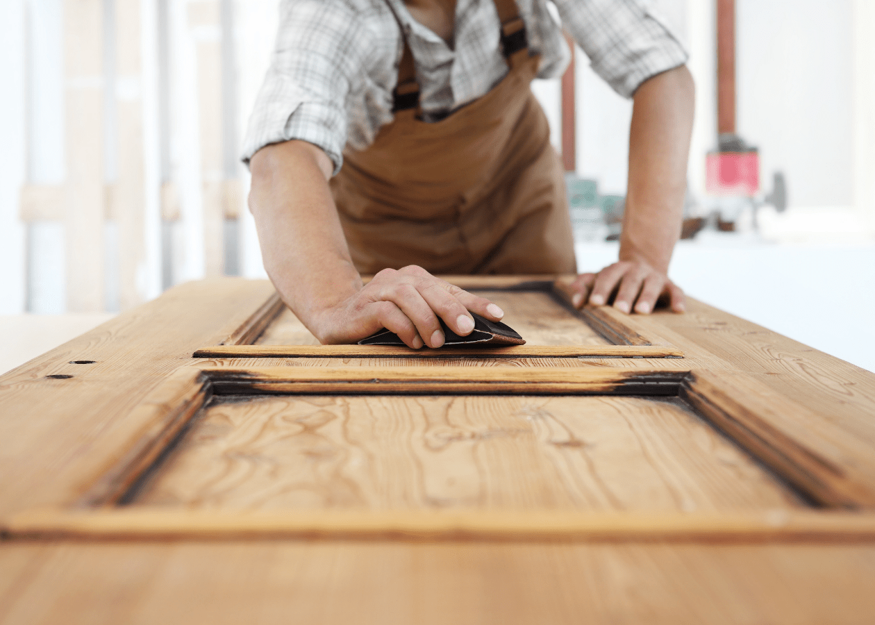 Persona leviga una porta di legno con carta abrasiva.